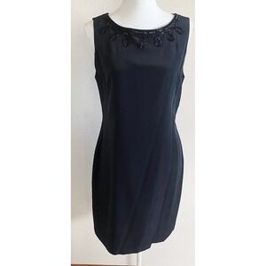 Laura Ashley Dress Womens 10 Black Excellent Beaded Neckline Silk Shift LBD